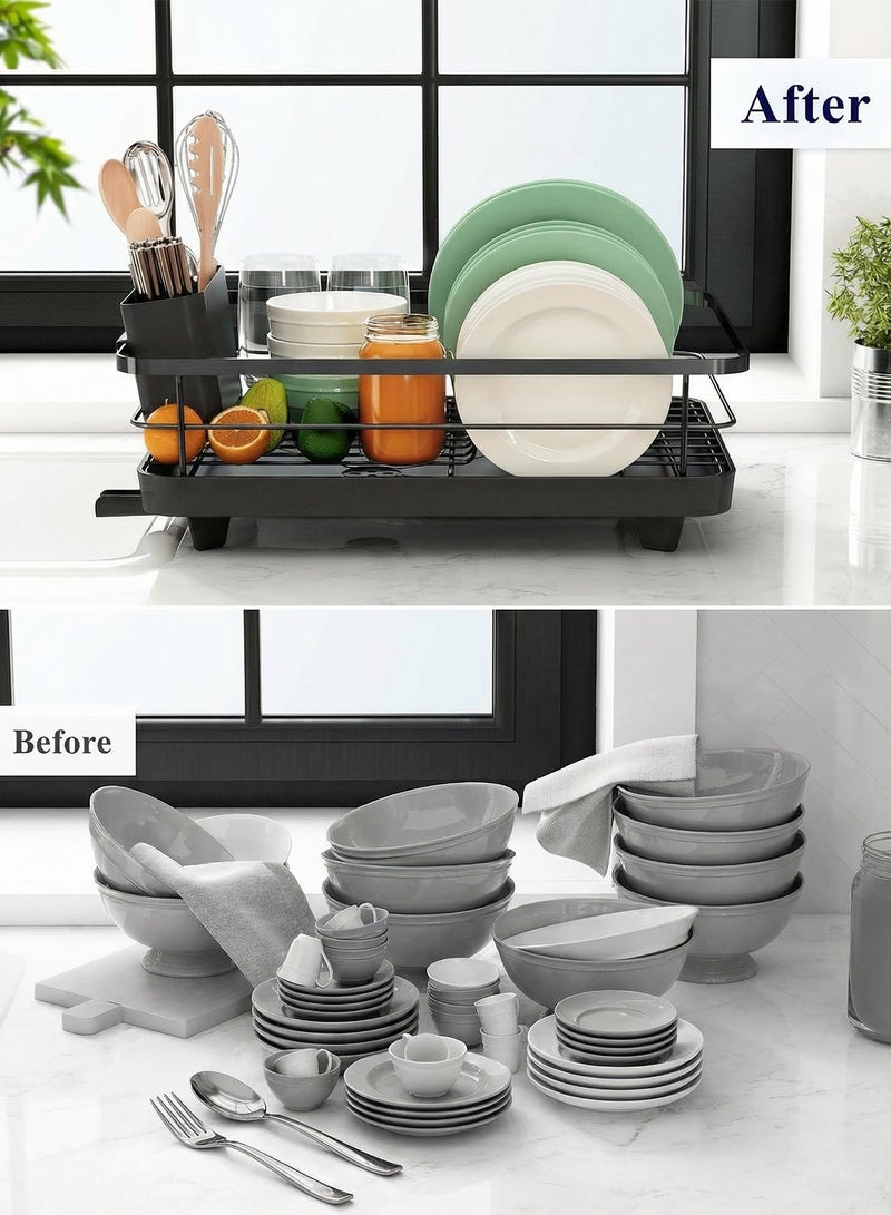 KOOKNA Dish Drying Rack, Dish Drainer, Kitchen Sink Organizer, Rustproof Stainless Steel Dish Rack with Drainboard, Space Saving Kitchen Storage for Home, Apartments, and Offices, Black - Image 3